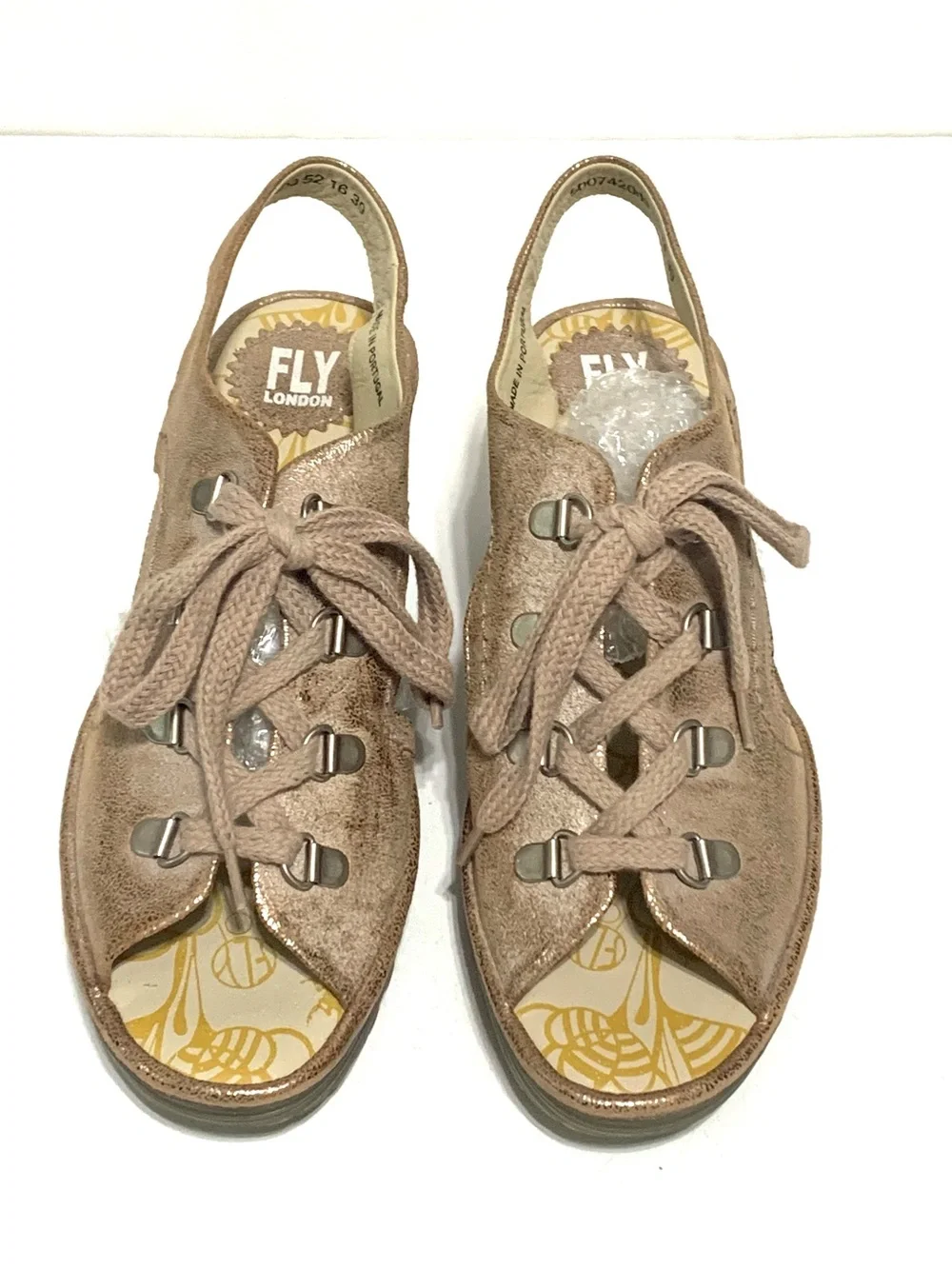 Fly London YlfaWedge Sandals Metallic Leather Brushed Lace Up EU 39‎